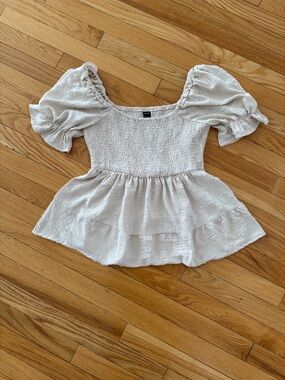 SHEIN White Smocked Puff-Sleeve Peplum Blouse - Size Medium